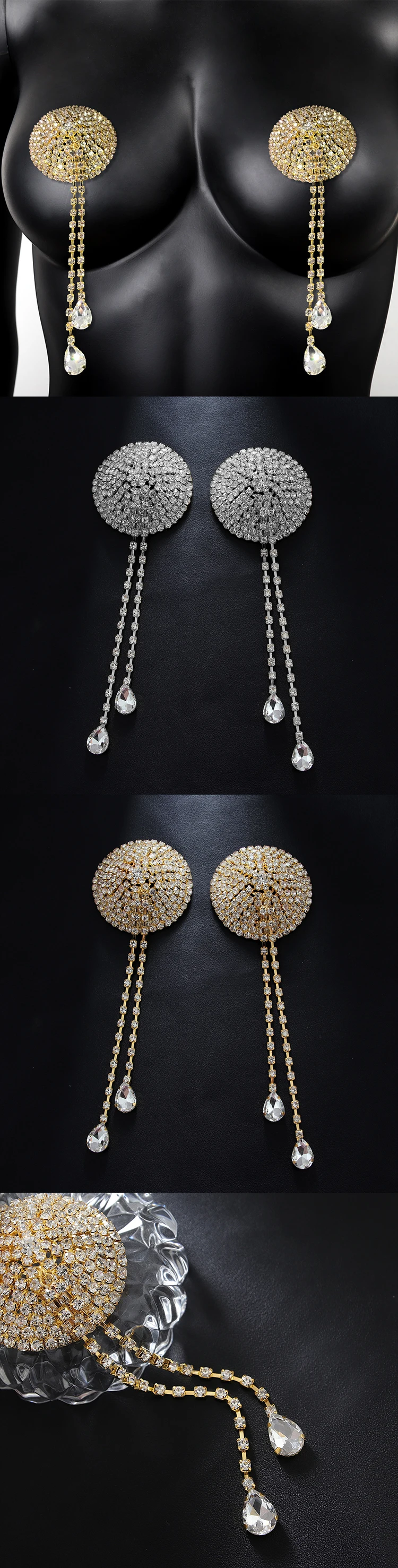 Full white crystal round chest chain nightclub sexy fun tassel