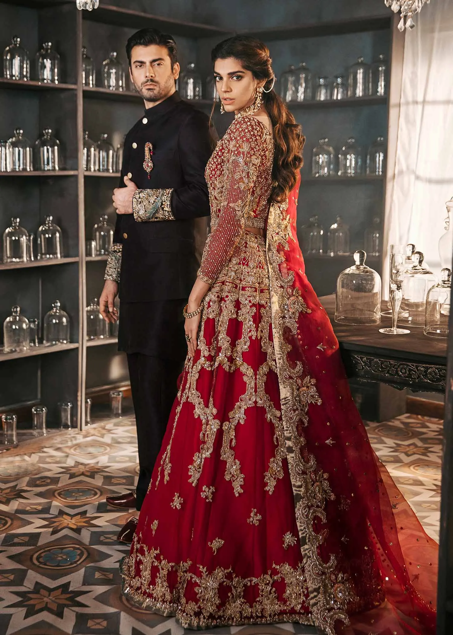 French-Inspired Red Bridal Set Fine Crafted Pakistani Choli Lehnga & Dupatta with Indian Motifs