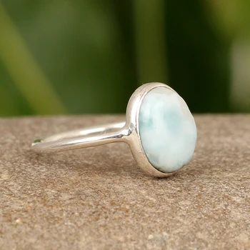 Hot Selling 925 Sterling Silver Women's Vintage Ring Genuine Dominican Republic Larimar Handmade Oval Shape Fine Jewelry Party
