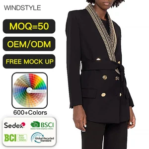 Fashion Women's Long Coat Suit with Stamped Belt Collar Hot New Double-Breasted Blazer Solid Pattern Woven Buttons Decoration