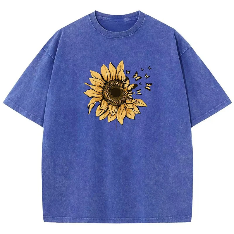 Trending Custom Vintage Washed Sunflower Butterfly Graphic TShirt Oversized Men Plus Size Eco-Friendly Summer Tee Made Soft