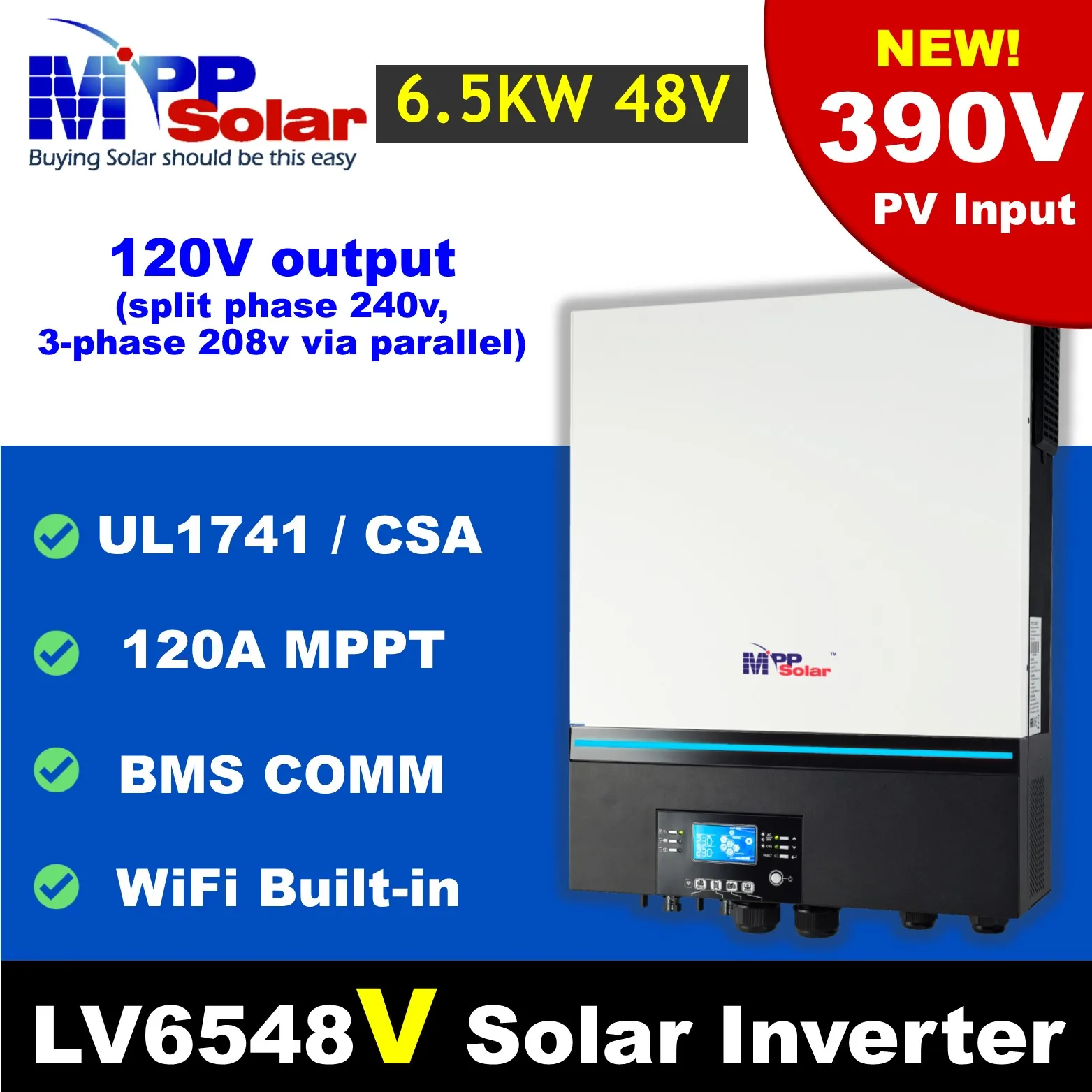 MPP Solar LV6548 Hybrid Solar Inverter UL Listed 120V (Battery Optional) | 6,500W Continuous / 240V w/ Two or More Units | 8,000W Solar PV Input