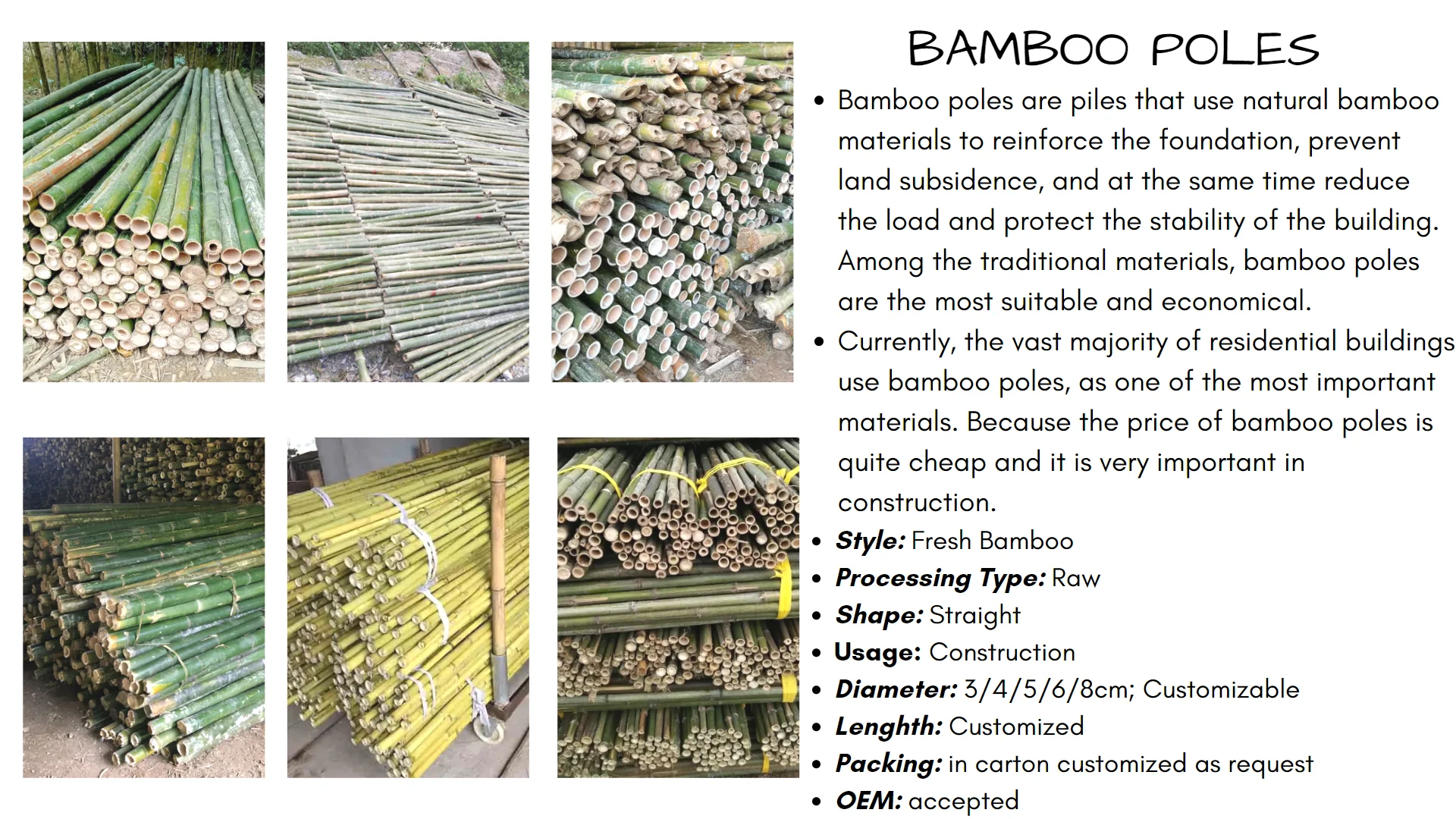 Fresh Cut Bamboo Poles – 2.5–3 Inch Diameter, 3ft To 8ft Lengths, Flame Treated For Durability (6 Pack)