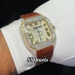 Customized Mens Hip Hop Stainless Steel Watch Square Baguette Cut Moissanite Diamond Simple Fashion Analog Antique Leather Strap