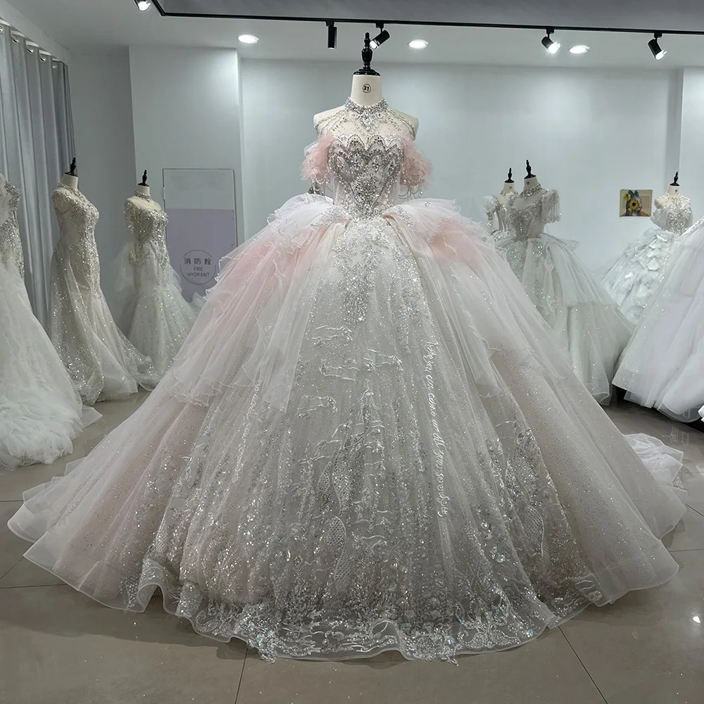 Jancember XS067 Fairy Pink Off Shoulder Ball Gown Wedding Dress - Elegant  Empire Style with Lace-Up Back & Appliques