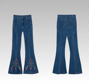 2026 Women's Classic Casual Denim Flare Pants Mid-Waist Distressed Dark Wash Embroidered Winter Autumn Fit Solid Pattern Woven