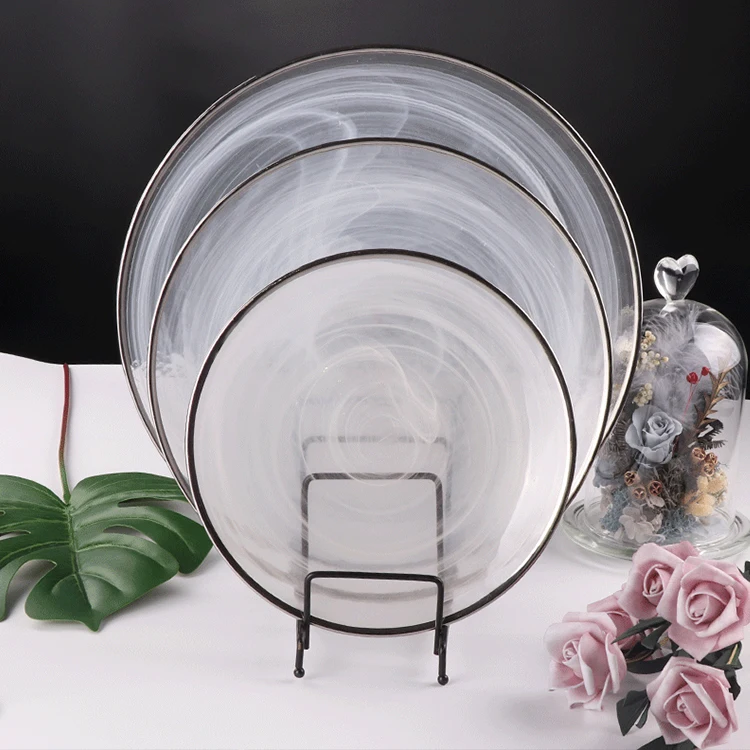 New Arrival Dinnerware Wedding Banquet Glass Decoration Plates Smokey Clear Gold Rimmed Charger Plates