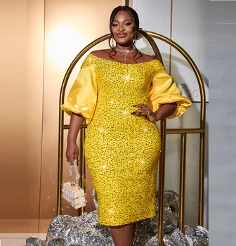 AM040818 Half Lantern Sleeve Off Shoulder Gold Sequined Women Cocktail Dress