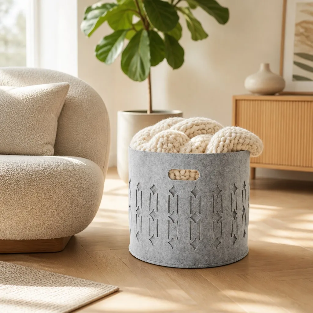 Felt storage bin holding folded blankets in a modern living room