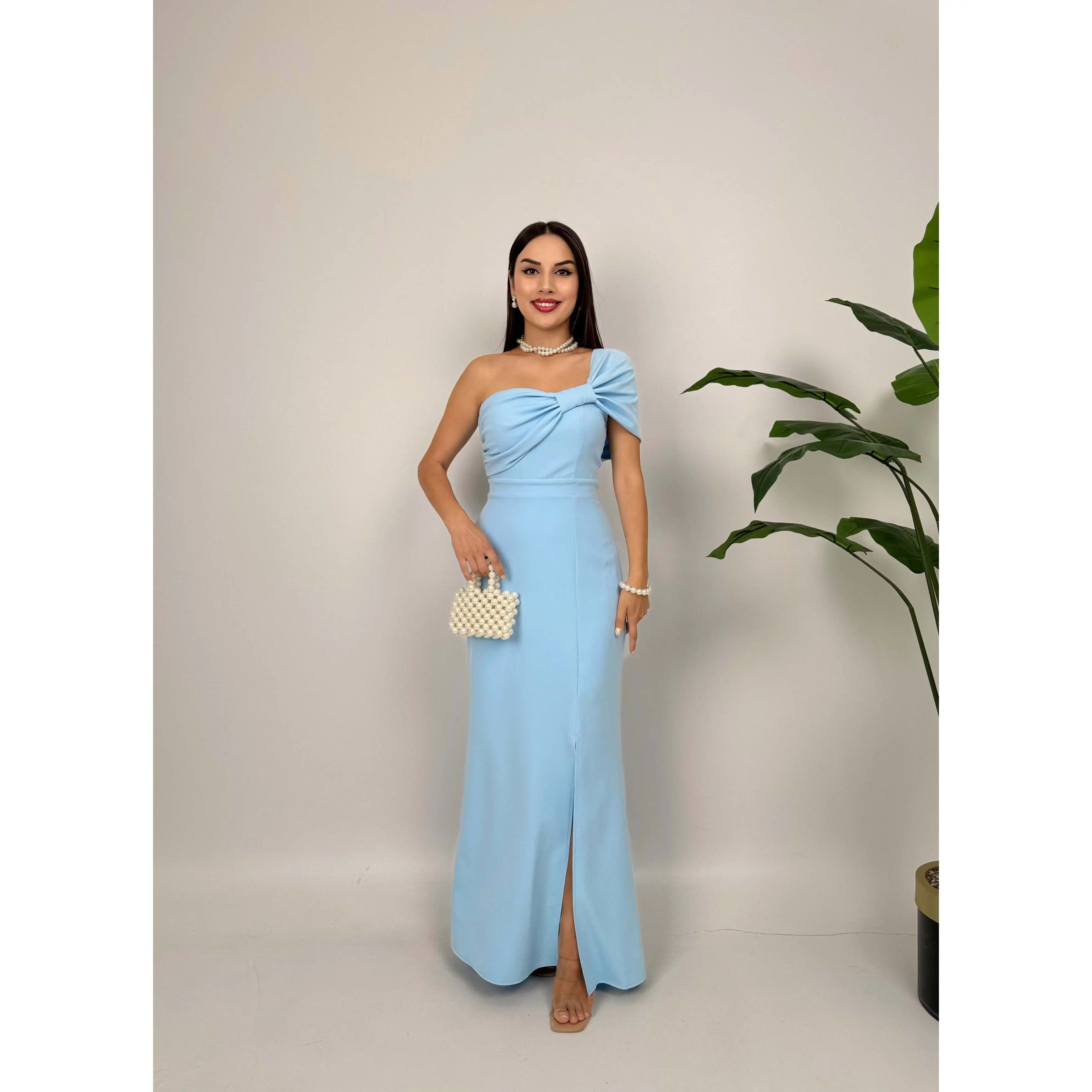 3008 Satin Sheath Dress with Brooch on Shoulder Natural Waistline
