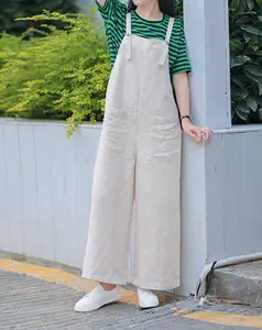 Women's Casual Linen Jumpsuits Vintage Wide Leg & Button Pockets Loose Fit Overalls with Woven Weaving Eco-Friendly