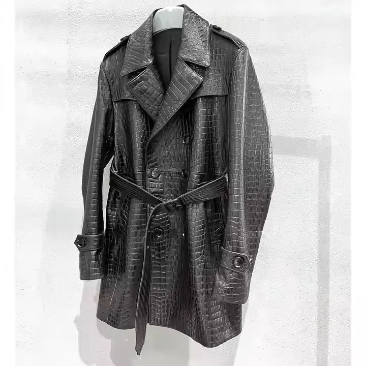 Hot Sale Wholesale High Quality Genuine Sheep Skin Waterproof Vintage Winter Trench Leather Jacket Coat For Men Black Front - Image 3