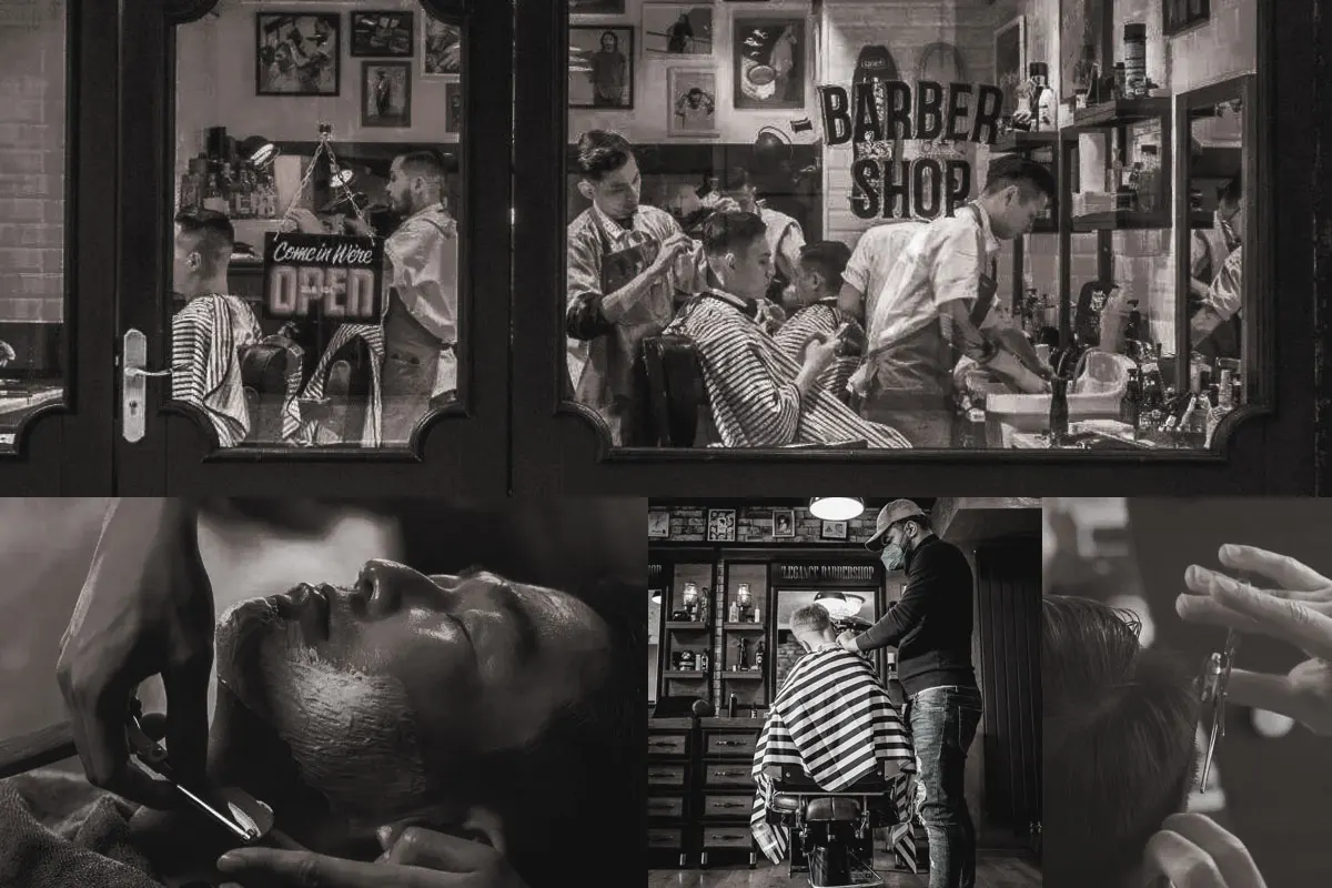 Professional barber using Razorline H7 straight razor for precision beard shaving in a high-end barbershop.