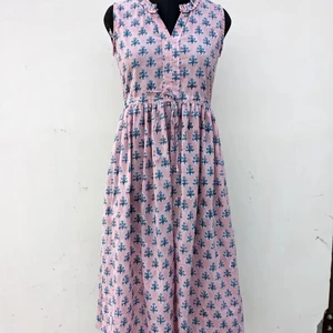 Hand Block Printed Cotton Maxi Dress Floral Handmade Summer and Autumn on Nonwoven Weaving Method Long Maxi Dress
