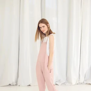 Sweet Style Women's Casual Jumpsuit Pinafore Spring Linen Romper with Tapered Baggy Overall Plain Dyed Linen