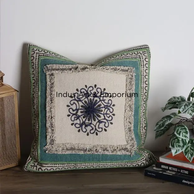 Blue And Grey Indian Tufted Boho Decorative Handmade Cotton Mudcloth