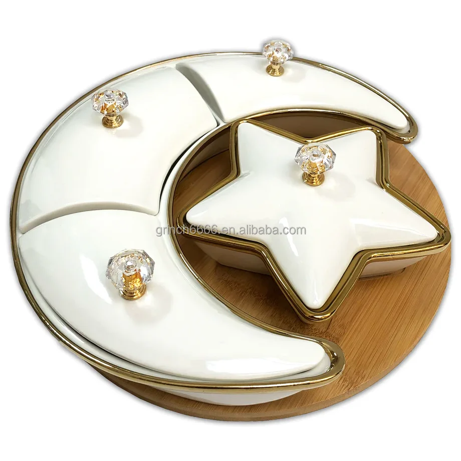 Eid Ramadan Snack Tray Wood Ceramic Crescent Moon & Star Divided Snack