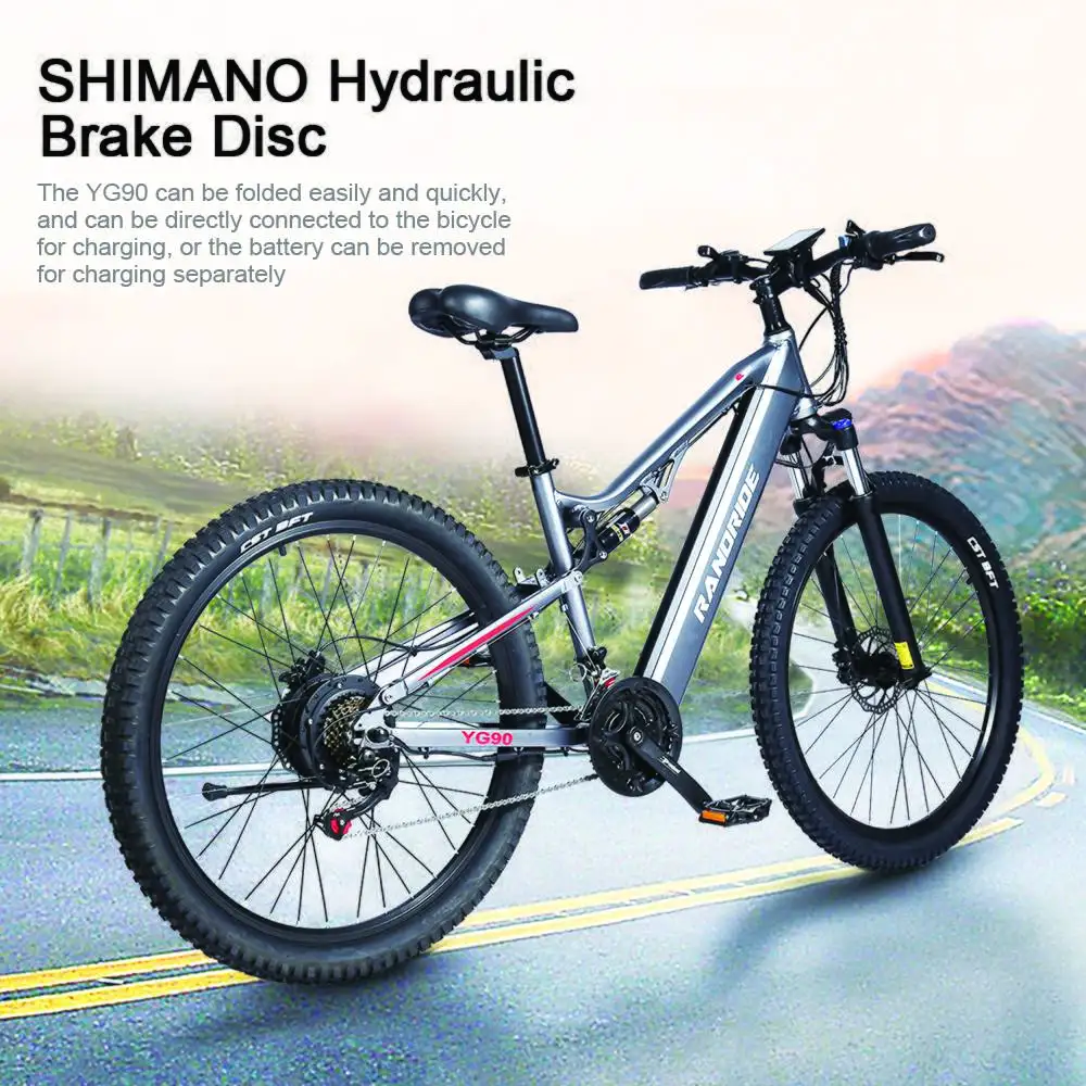 RANDRIDE YG90 Electric Mountain Bike SHIMANO Hydraulic Brake Full Suspension Gray Central Motor Integrated Battery 60km Range