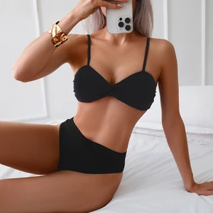Wholesale Hot Women Swimwear Twist Wrinkle Bathing Suits String Two Piece Swimsuit Black Bikinis for Women Sexy Custom Logo