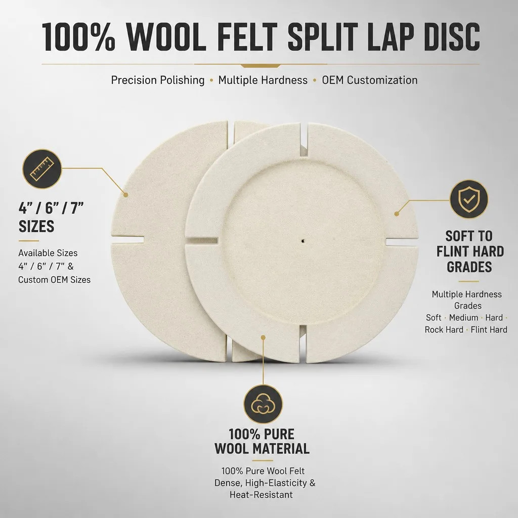 100% Wool Felt Split Lap Disc Specifications Infographic with Diameter and Hardness Grades