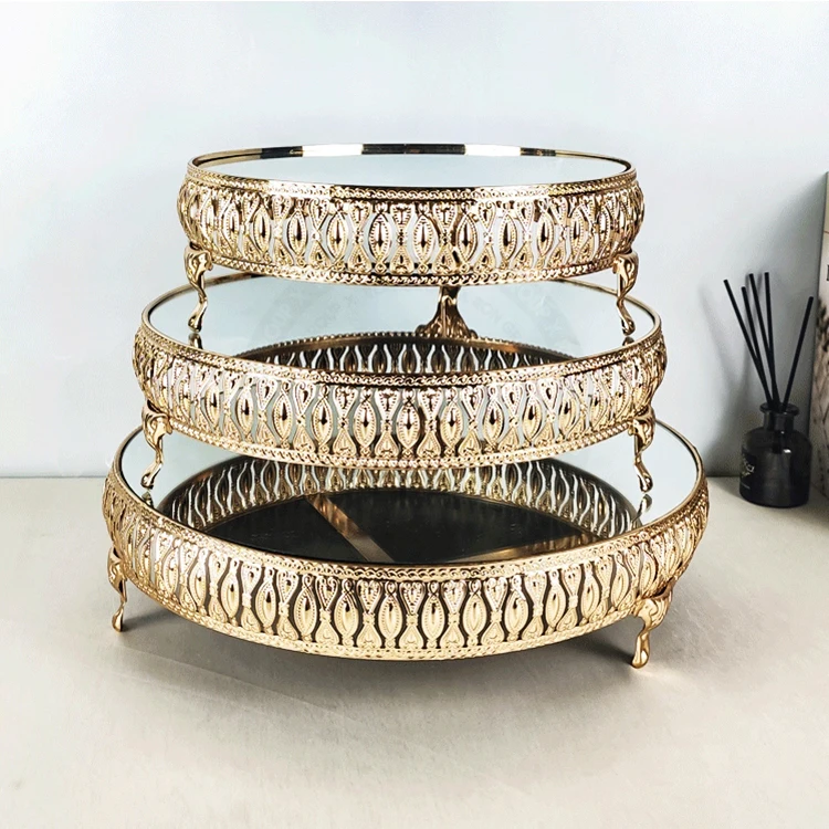 birthday wedding display cake tools metal display tray round gold 3 tier dessert cake stand set mirror tray