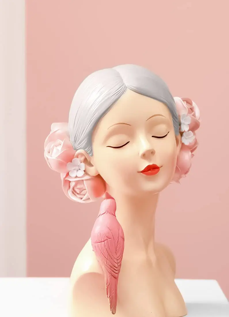 Creative Modern Resin Figurines Parrot and Girl Bust Sculpture