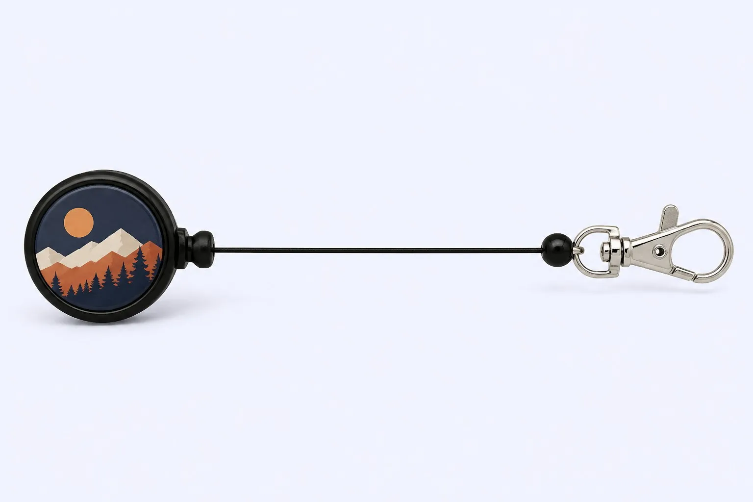 Retractable cord fully extended horizontal — mountain night scene graphic