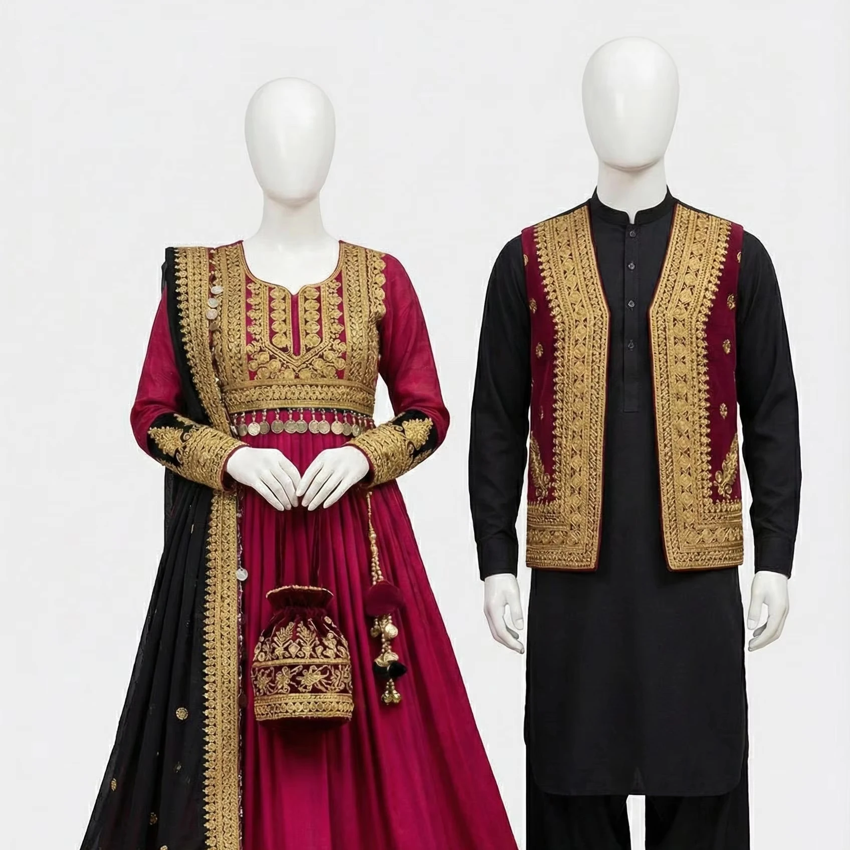 Ultra Long Traditional Afghan White Chiffon Kuchi Dress Featuring Black Velvet Bodice Intricate Gold Zari Hand Embroidery Casual
