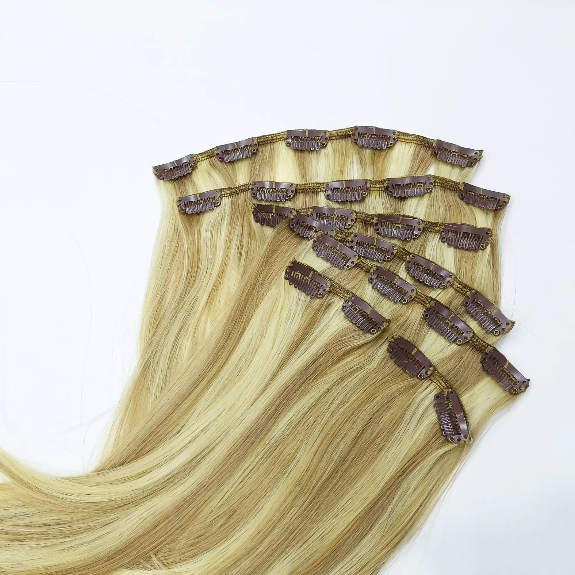 Hair Extensions Clip In Real Hair Light Brown Highlight Platinum Blonde