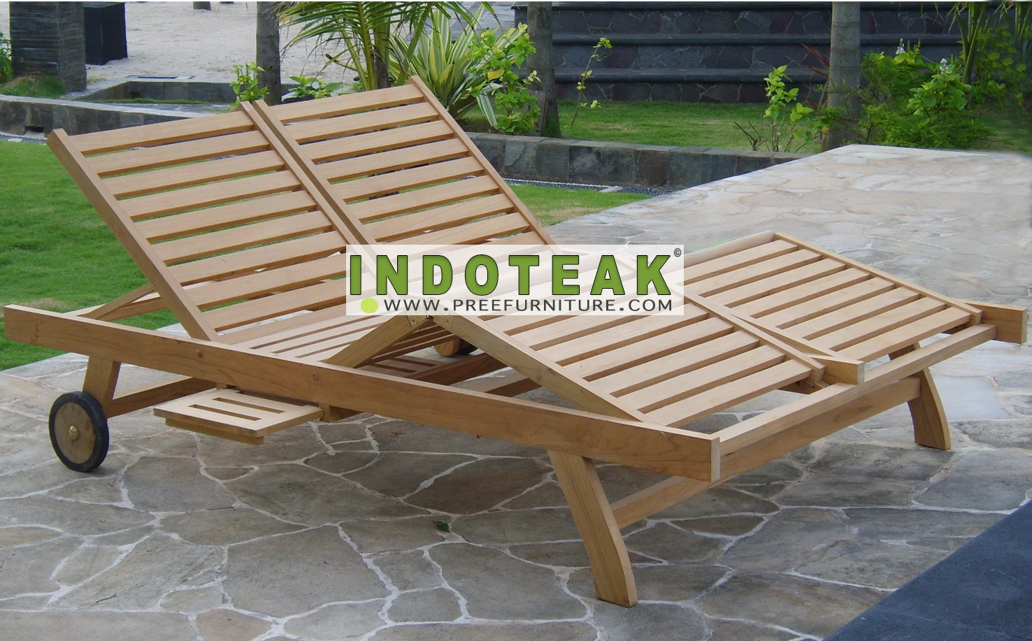 Double Sun Lounger Teak Wooden Furniture - Patio Reclining Lounger ...