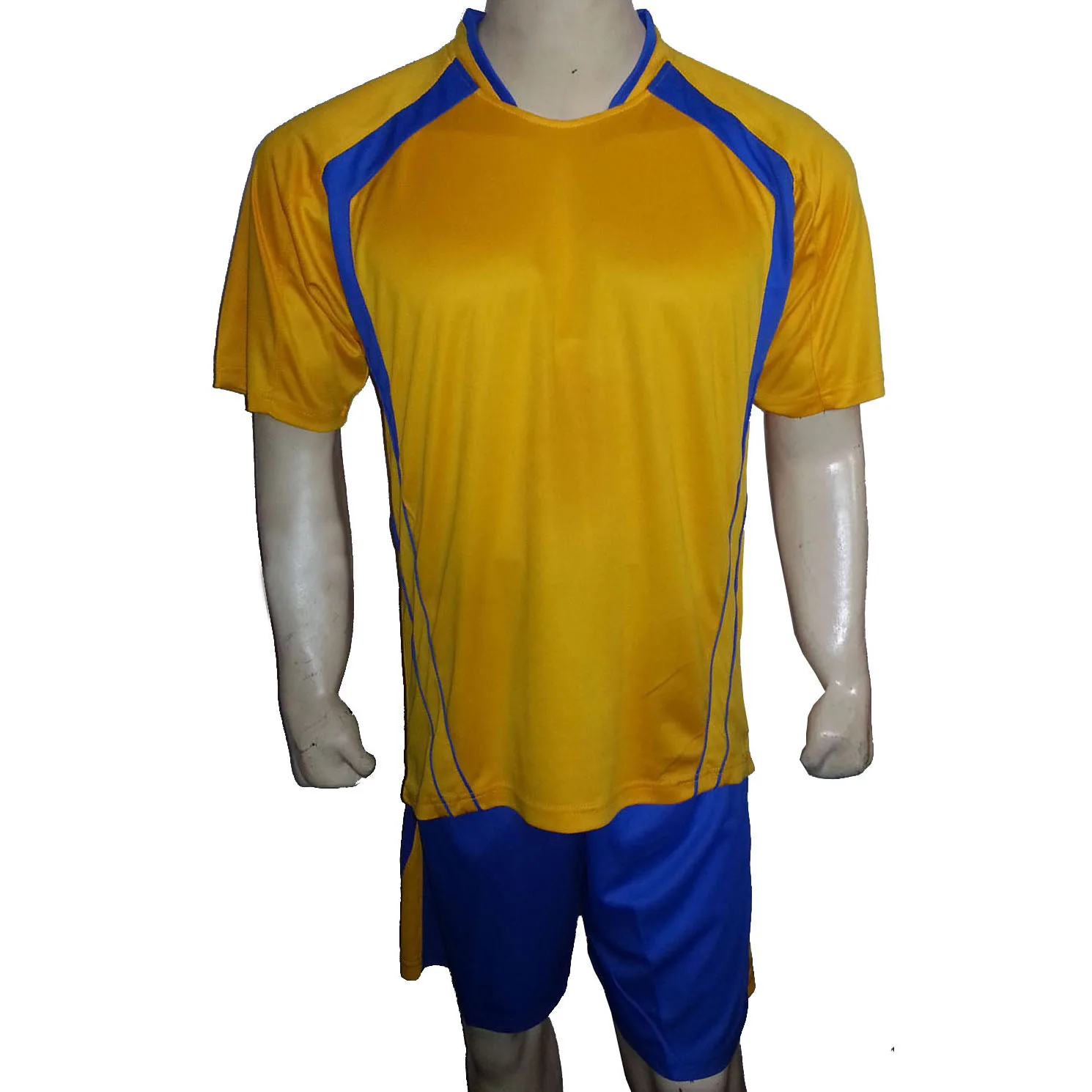 Custom Soccer jersey with Coolmax Mesh 100% Polyester Yellow Navy Blue Short Sleeve Set for Adults-OEM Service Available