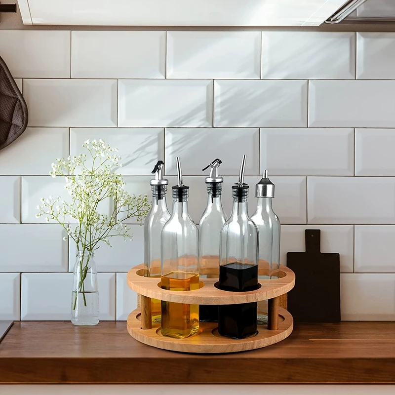 7 Bottles Coffee Syrup Organizer,Bamboo Rotating Coffee Syrup Rack