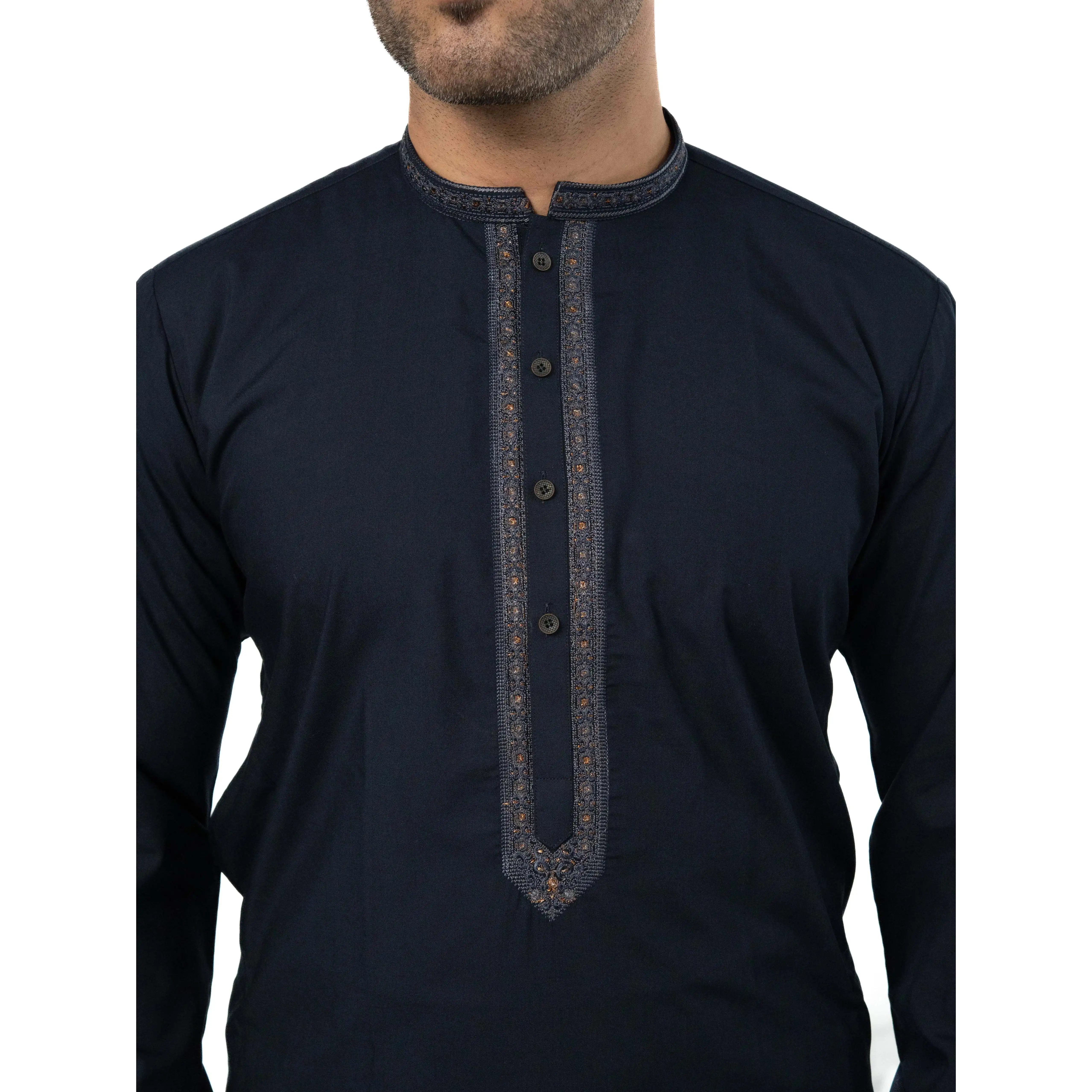 Mens Navy Blue Formal Kameez Shalwar with Straight-Cut Sleeve for Wedding & Festive Occasions
