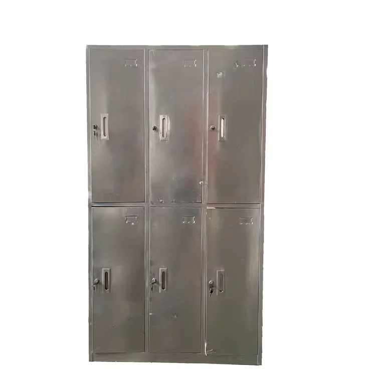 Industrial locker room equipment with stainless steel lockers and sanitation stations