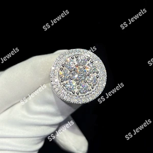 Men's Iced VVS Lab Grown Diamond Solitaires Cluster Set Gold Plated 925 Silver Custom Made Trendy Brilliant Cut Pinky Ring Gift