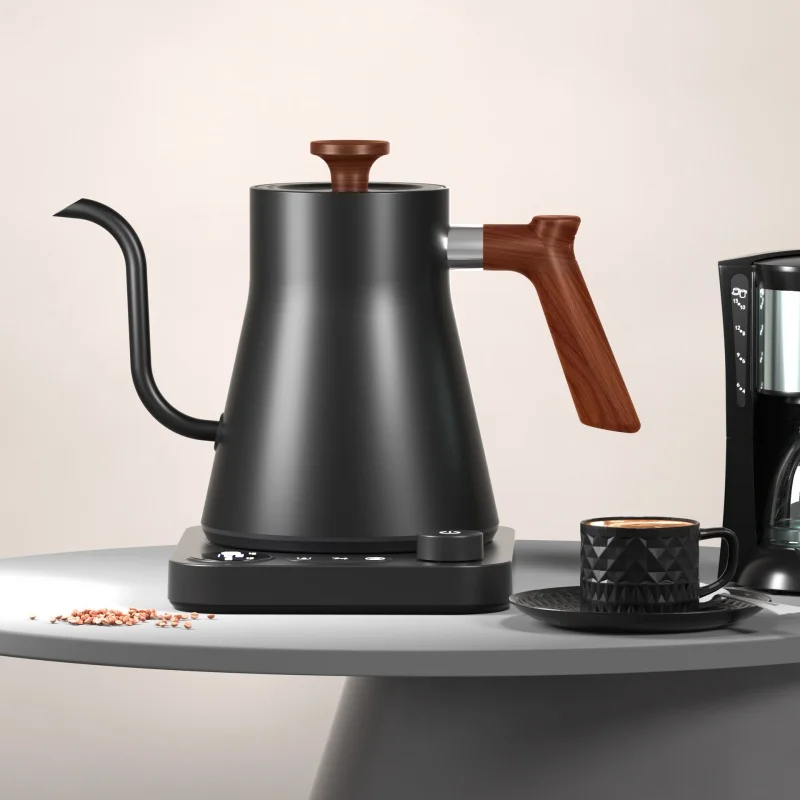 Electric Gooseneck Kettle with Digital Display, 1L Capacity, Wood Handle Pour Over Coffee & Tea Brewing