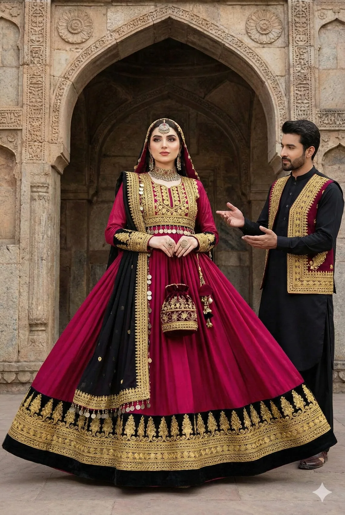 Ultra Long Traditional Afghan White Chiffon Kuchi Dress Featuring Black Velvet Bodice Intricate Gold Zari Hand Embroidery Casual