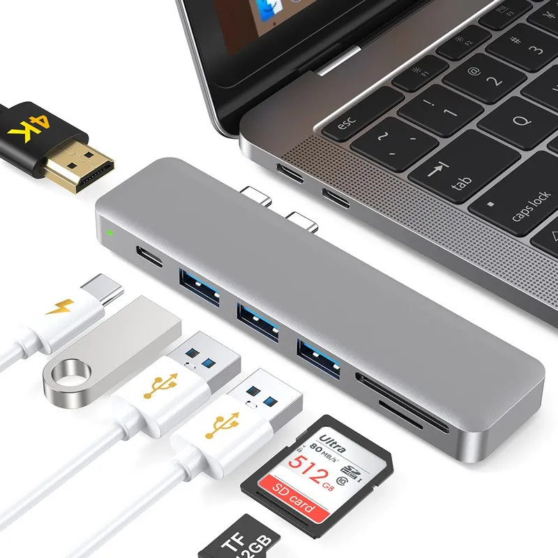 Dodocool алюминиевый сплав 7-в-1 мультипортовый концентратор двойной USB-C разъемы видео в формате 4K HD выходной порт SD/TF Card Reader устройство чтения