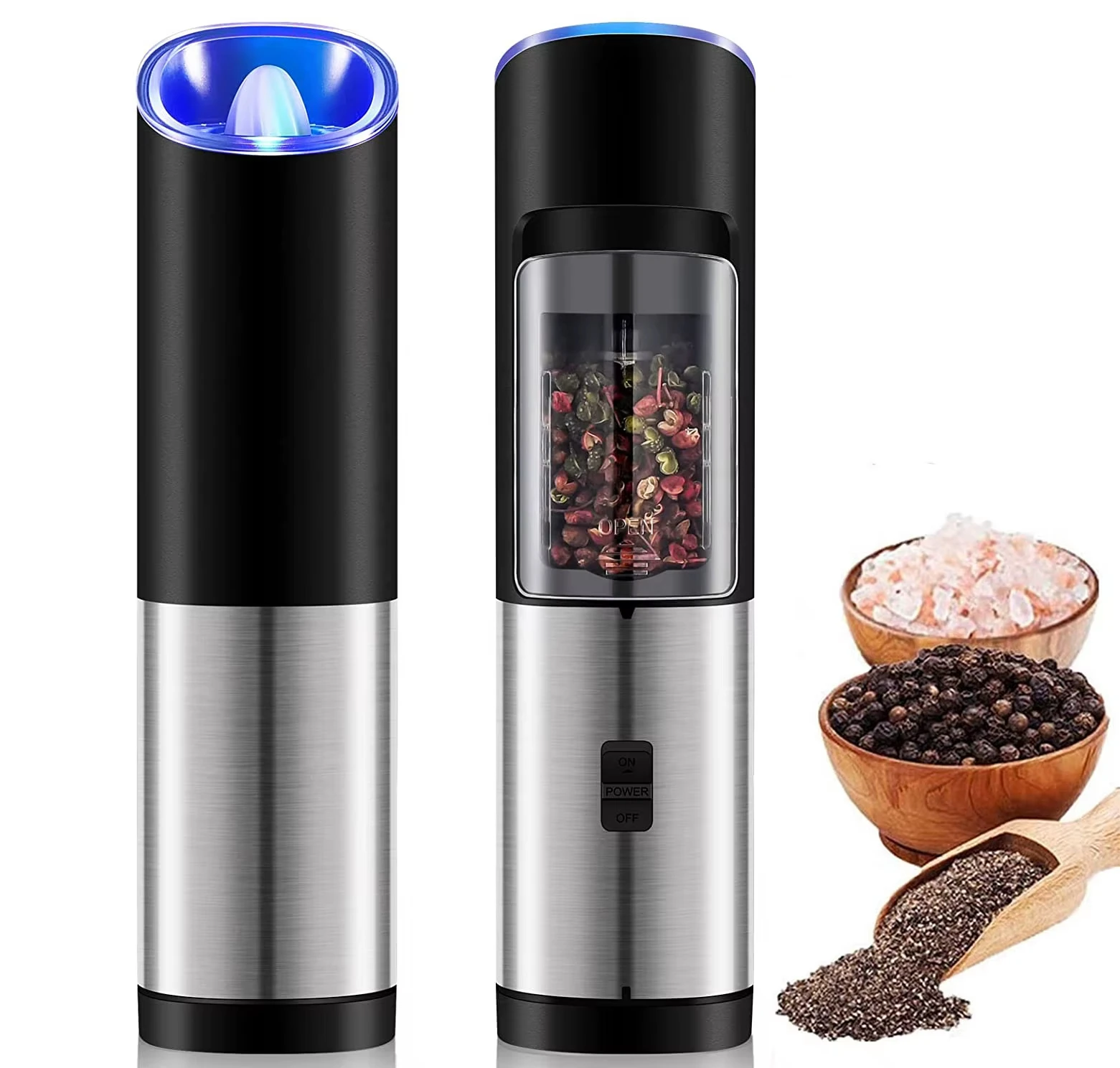 Automatic Pepper Grinder with LED Light Battery Powered Electric Gravity Salt and Pepper Grinder