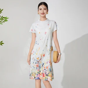 Summer New Style Ladies Pleated Dress High Quality Design Elastic Print Temperament Dress Casual Midi Dress