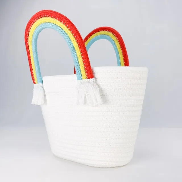 Woven Basket With Rainbow Handle Portable Reusable Storage Basket Cotton Rope Handbag With