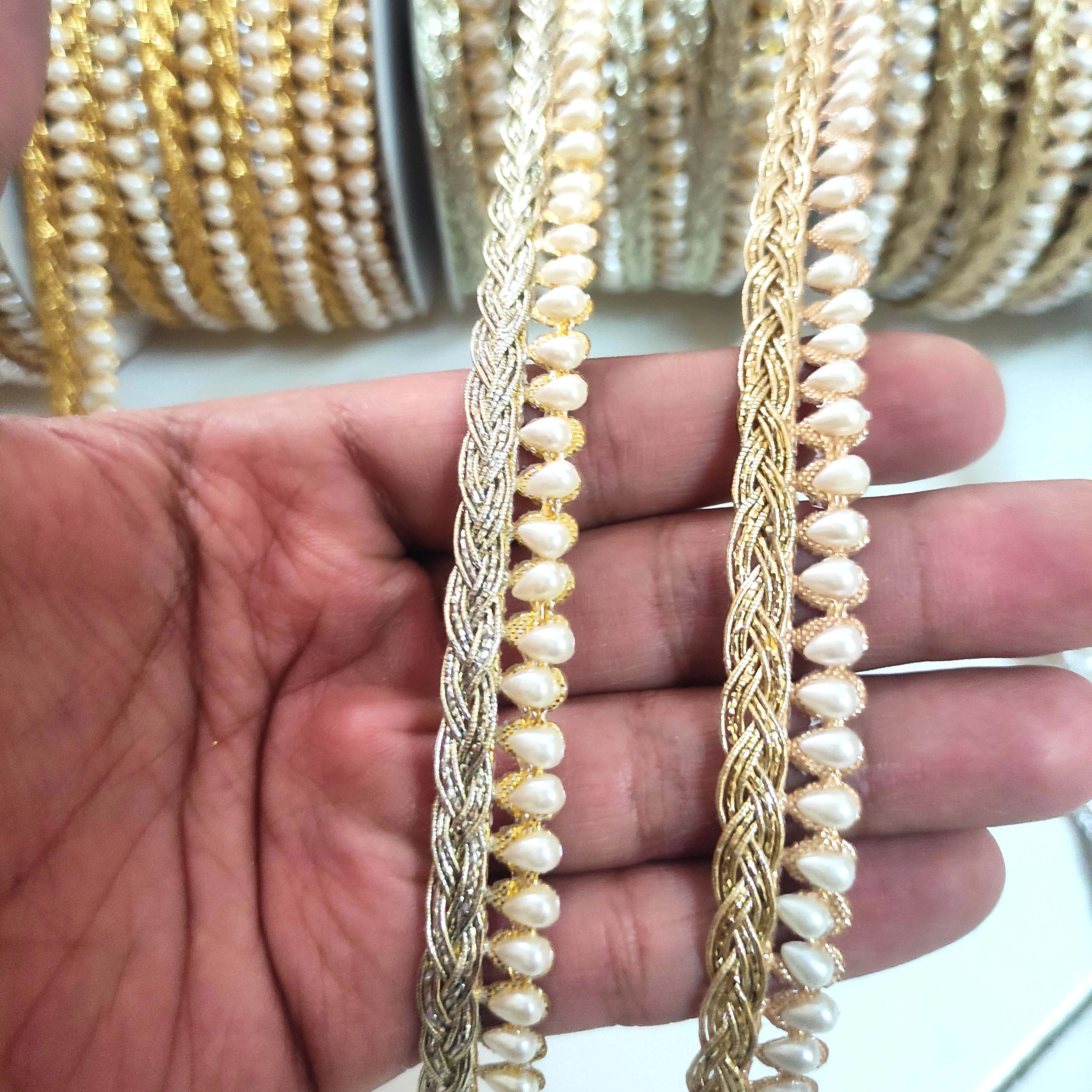 CRYSTAL CREAM BEADS LACE CUT WORK TRIM 20MM GIMP for WOMEN'S DRESS and GARMENTS DEALS in WHOLESALE CUSTOMIZED COLOR