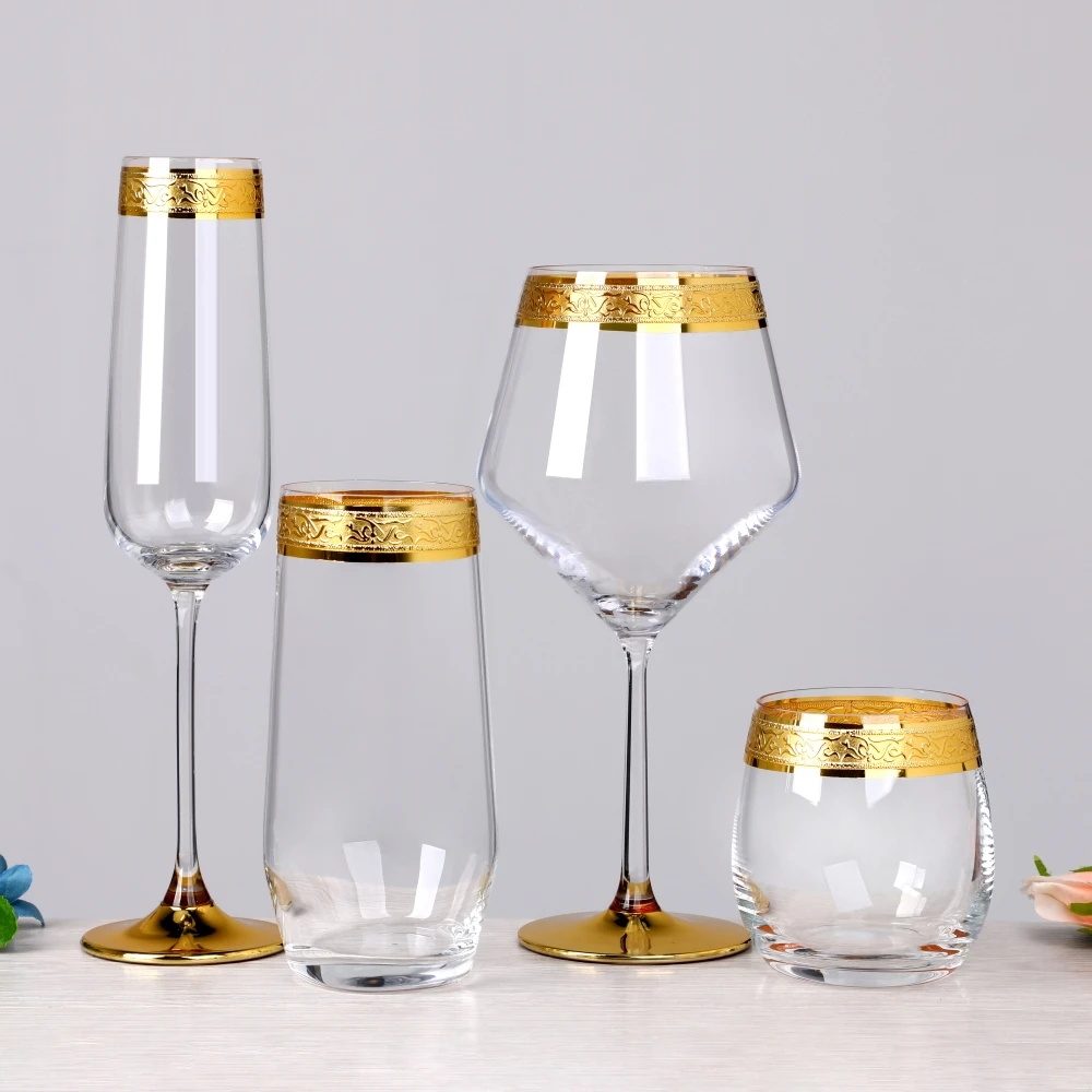 Luxury No Lead Crystal Art Deco Edge Gold Rimmed Glass champagne Flutes Wine Glasses Stemless