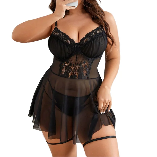 Hot Selling Black Lace Patchwork Mesh Cami Dress Set Plus Size with Thongs and Leg Garters Women's Sexy Lingerie