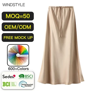 OEM/ODM Women's Skirts Silky Slim Fishtail Satin Elastic Waist with Drawstring Breathable Black Pink Summer Skirts