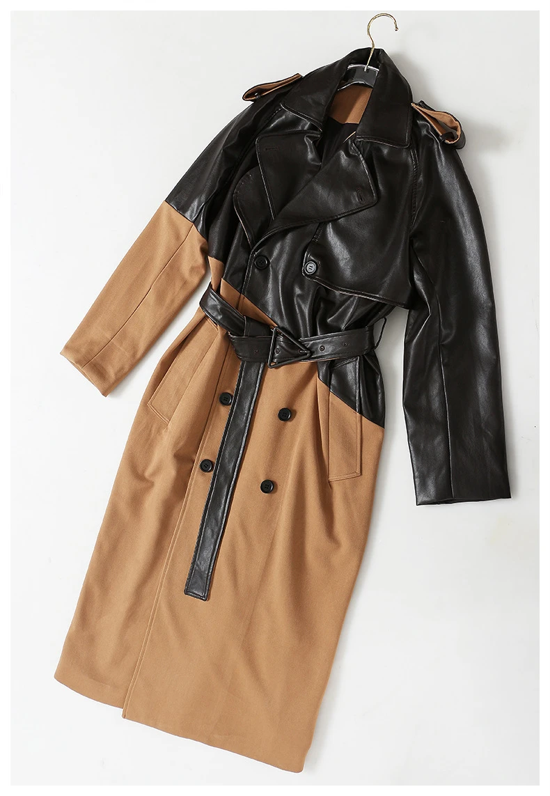 Faux-leather Collar Long Overcoat Wool Trench Coat Winter Woman Ladies Wool Leather Trench Coat - Image 5