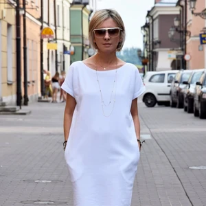 Casual Elegant Woven Cotton Tunic Dress with Natural Waistline Short Sleeves Pockets-Women's Summer Midi Dress