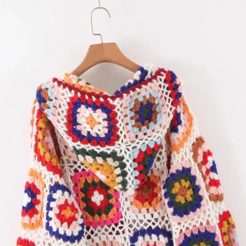 Spring Retro Knitted Crochet Hooded Cardigan Beach Long Coat Hollow Women's Knitted Sweater Cardigan