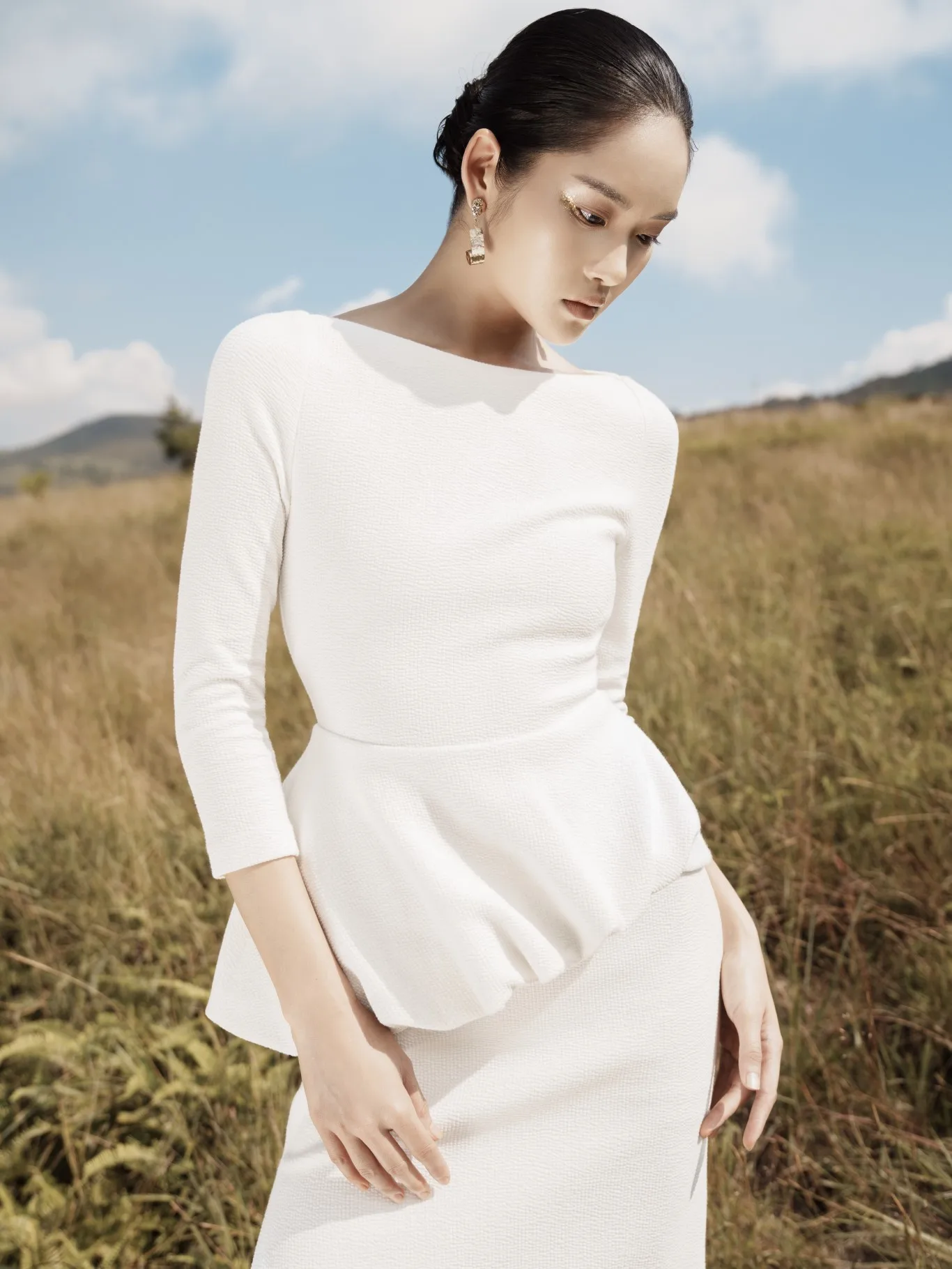 Unique Design ELFEDA PEPLUM DRESS Women's Dresses Boat Neck Long Sleeve Cotton Blend Jersey Fabric Custom Labels WHITEANT