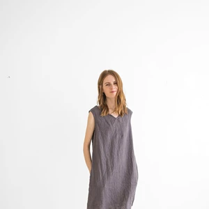 Classic Linen Tunic Dress V-Neck Sleeveless Lace-Up Appliques Decoration A-Line Silhouette Built-in Bra-Summer Casual Wear